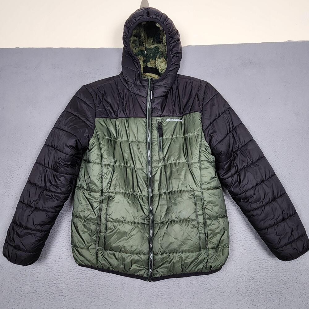 Eddie Bauer Jacket Boys Large Green Black Reversible Camo Hooded Puffer Coat